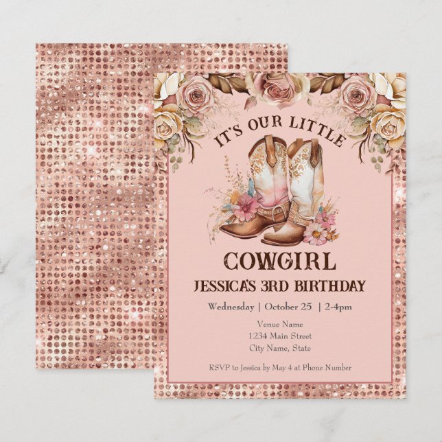 Invitation Boho Floral Rose Cowgirl Anniversaire Rodéo (Devant / Derrière)