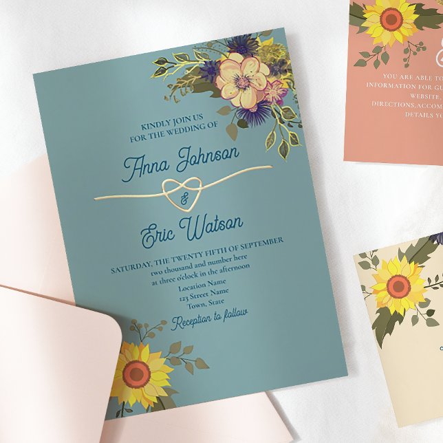 Invitation Boho Floral rose et bleu Mariage (Créateur téléchargé)