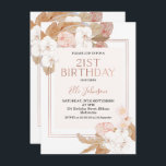 Invitation Boho Floral Rose Gold 21ème anniversaire Invitatio<br><div class="desc">Boho Floral Rose Gold 21st Birthday Invitation Moderne et élégant boho inspiré 21st anniversaire invitation avec deux arrangements floraux,  un cadre en or faux rose et un cap amovible. La zone de texte du milieu est une couleur pâle.</div>