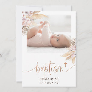 Invitation Boho Floral Rose Gold Calligraphie Photo Baptême