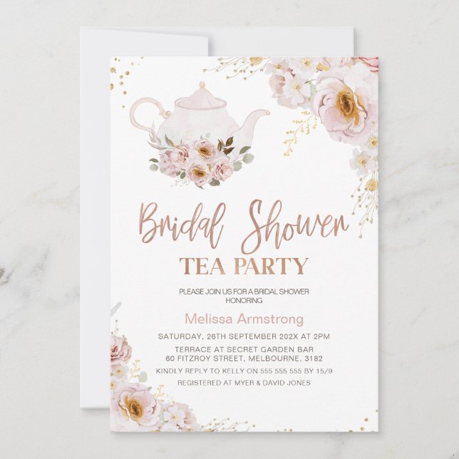 Invitation Boho Floral Rose Gold Fête des mariées Tea Party (Devant)
