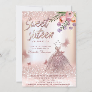 Invitation Boho floral Rose or glitrobe papillon