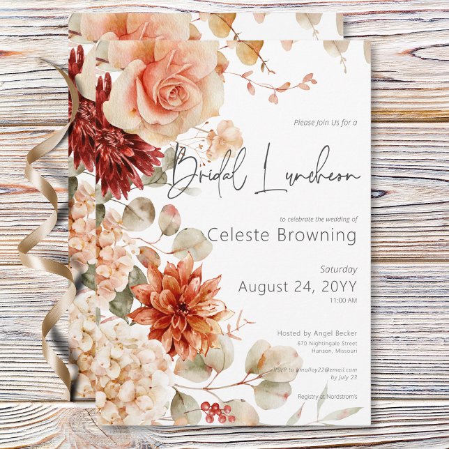 Invitation Boho floral rouille de automne épicé et Blush Boho (Spicy Fall Rust & Blush Boho Floral Bridal Lunch Invitation)