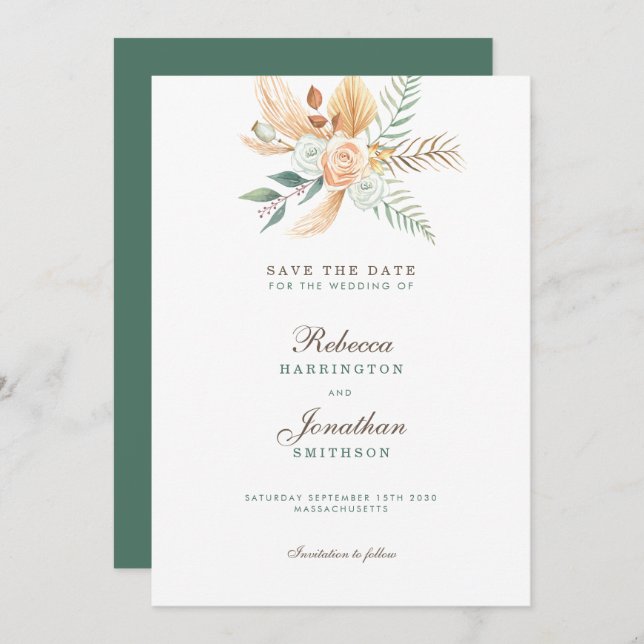 Invitation Boho Floral Rustic Green Wedding Enregistrer La Da (Devant / Derrière)