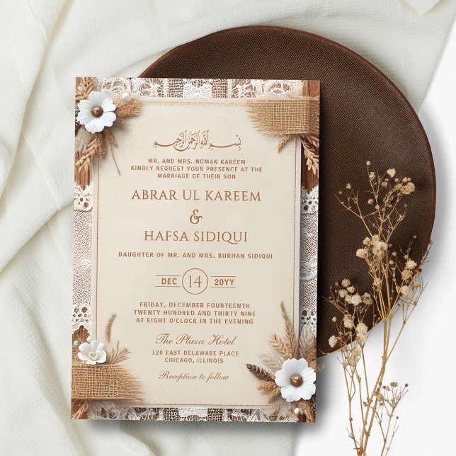 Invitation Boho Floral Rustic Monogramme Mariage islamique (Créateur téléchargé)