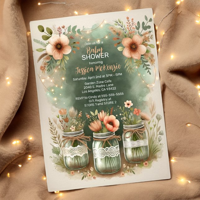 Invitation Boho Floral Rustique Floral Mason Jar Baby shower (Créateur téléchargé)
