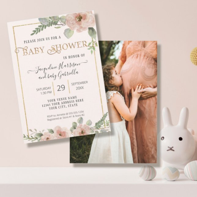Invitation BOHO Floral Script Gold Girl Baby shower photo Inv (Créateur téléchargé)