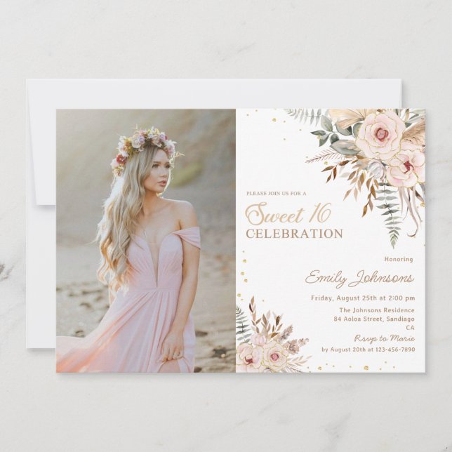 Invitation Boho Floral Script Gold Parties scintillant Sweet  (Devant)