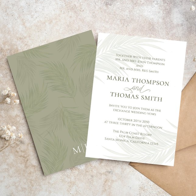 Invitation Boho Floral Simple Aquarelle Vert Palm Feuilles (Elegant Boho tropical palm leaves wedding invitation. )