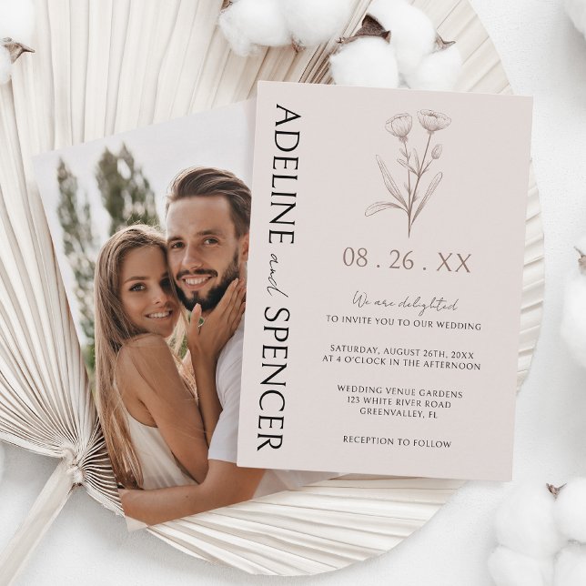 Invitation Boho Floral Sketch Modern Photo Mariage (Créateur téléchargé)