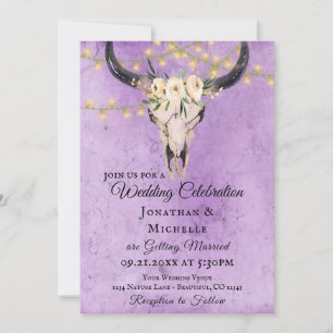 Invitation Boho Floral Skull and String Lights Purple Mariage