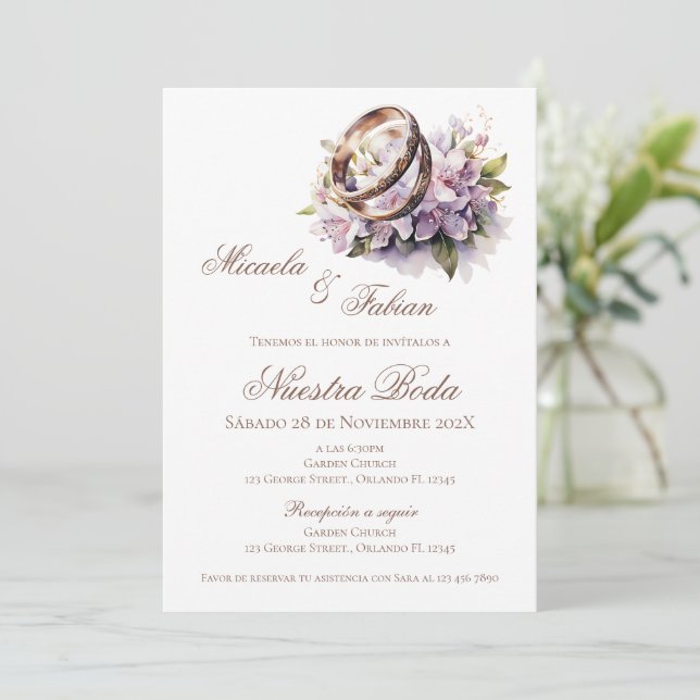 Invitation Boho Floral Spanish with ring Wedding (Debout devant)