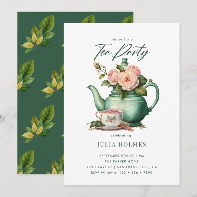 Invitation Boho Floral Spring | Teacup Tea Party (Devant / Derrière)