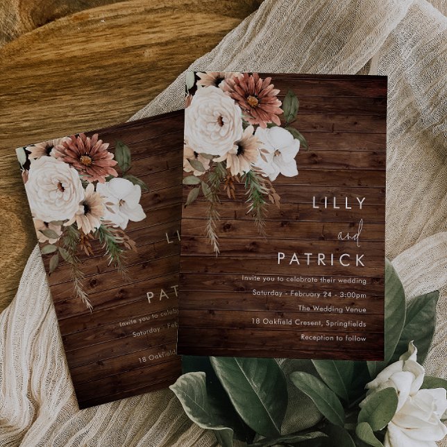 Invitation Boho Floral Terracotta Mariage en bois rustique (Créateur téléchargé)