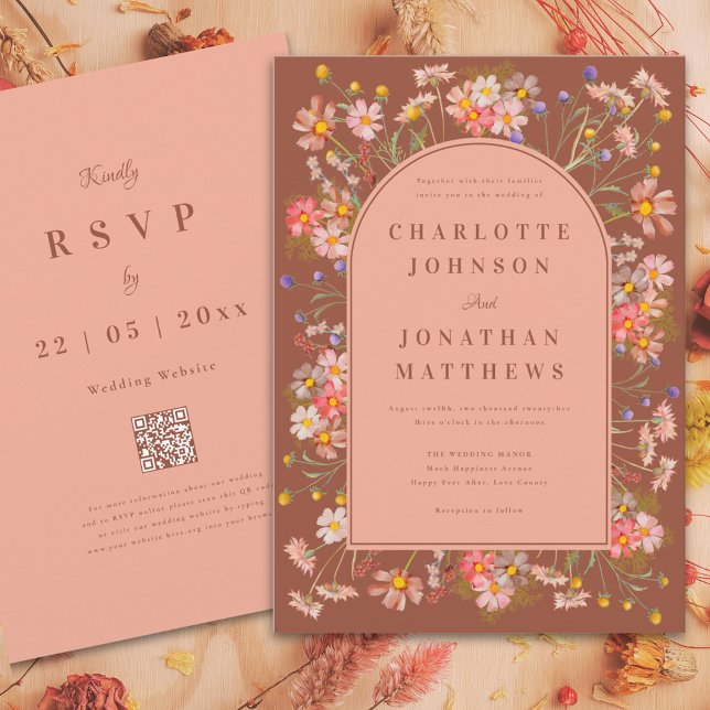 Invitation Boho Floral Terracotta Orange Brûlé Mariage d'Auto (Boho floral arch terracotta burnt orange peach fall wedding invitation with watercolor dried flowers)