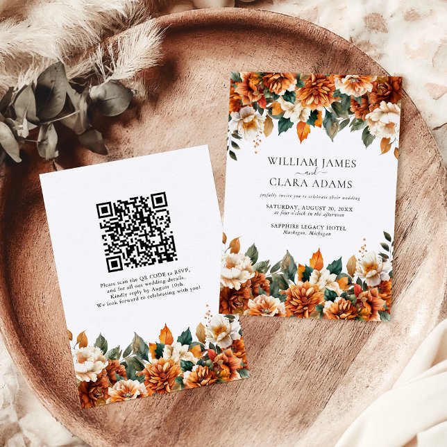 Invitation Boho Floral Terracotta Watercolor QR Code Wedding (Créateur téléchargé)