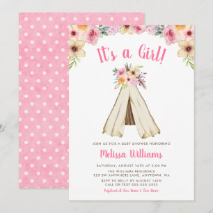 Invitation Boho Floral Tribal Teepee Girl Baby shower Invitat