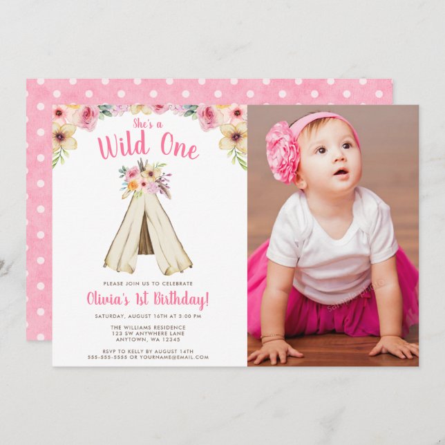 Invitation Boho Floral Tribal Teepee Wild One Bird Photo (Devant / Derrière)