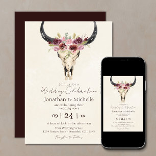 Invitation Boho Floral Vache Crâne Bourgogne et Mariage de cr