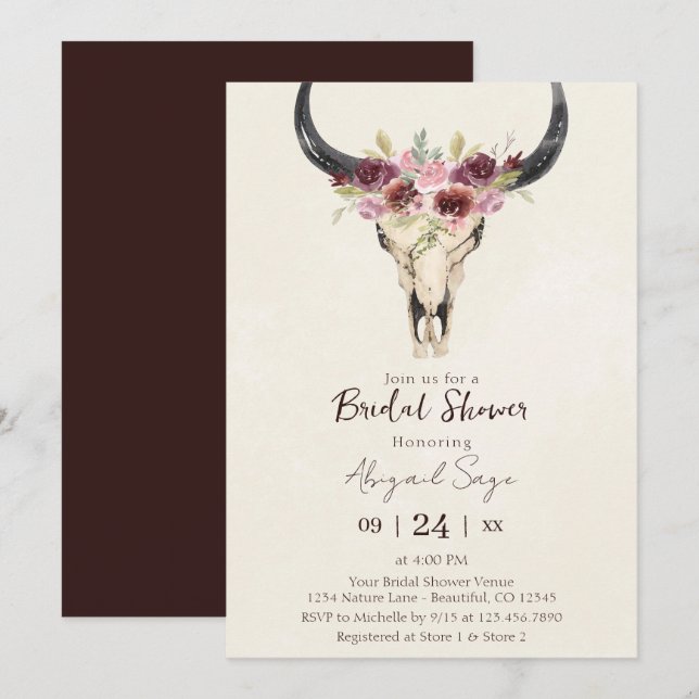 Invitation Boho Floral Vache Crâne Bourgogne Fête des mariées (Devant / Derrière)