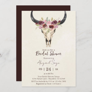 Invitation Boho Floral Vache Crâne Bourgogne Fête des mariées