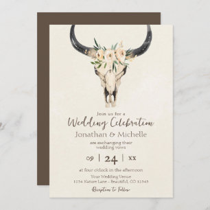 Invitation Boho Floral Vache Crâne Brown et Mariage de crème