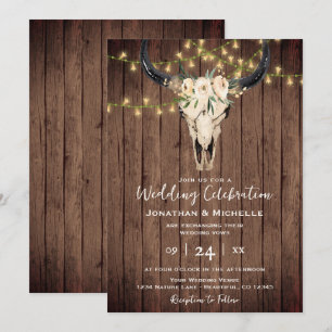 Invitation Boho Floral Vache crâne et lumières sur le Mariage