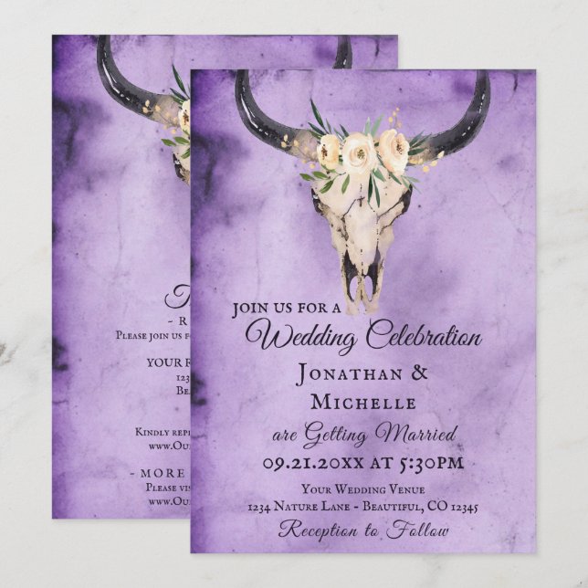 Invitation Boho Floral Vache Crâne pourpre tout en un Mariage (Devant / Derrière)