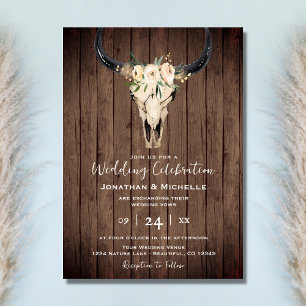 Invitation Boho Floral Vache crâne sur Mariage de bois rustiq