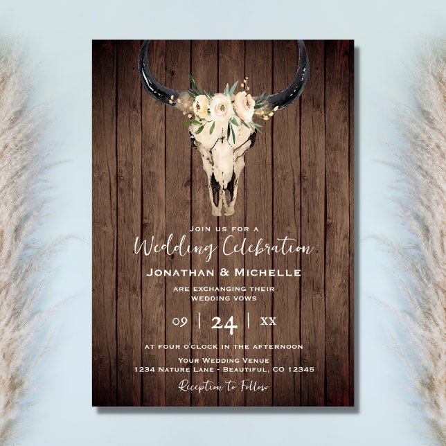 Invitation Boho Floral Vache crâne sur Mariage de bois rustiq (Créateur téléchargé)