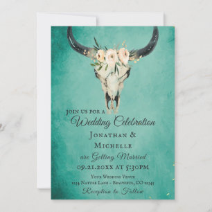 Invitation Boho Floral Vache crâne sur Mariage Turquoise