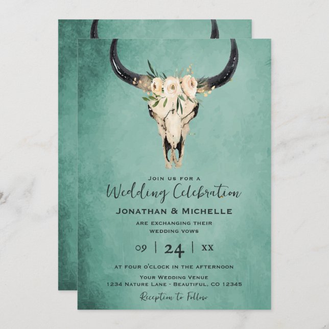 Invitation Boho Floral Vache Crâne Turquoise tout en un Maria (Devant / Derrière)