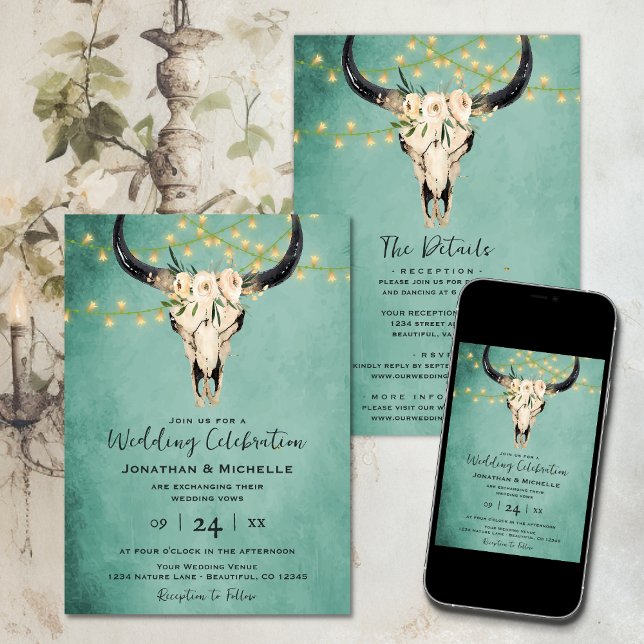 Invitation Boho Floral Vache Crâne Turquoise tout en un Maria (Boho Floral Cow Skull Turquoise All in One Wedding Invitation
)