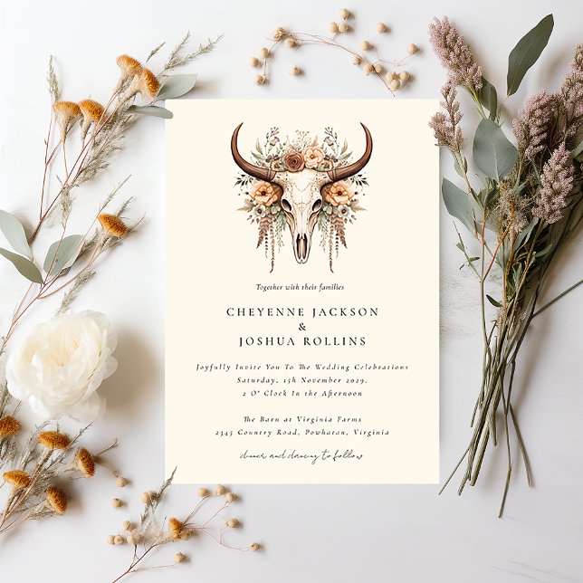 Invitation Boho Floral Vache Crâne Western Mariage (Créateur téléchargé)