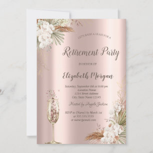Invitation Boho Floral, Verre de Champagne, Retraite d'or Ros