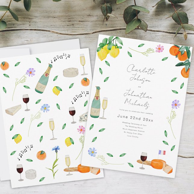 Invitation Boho Floral Vin et Fromage Français (Boho chic summer wedding whimsical floral wind and cheese french theme)