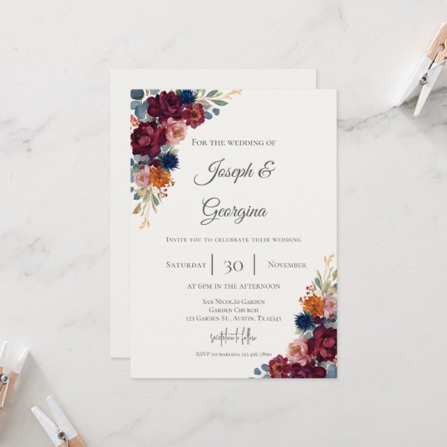 Invitation Boho floral wedding (Devant/Arrière en situation)
