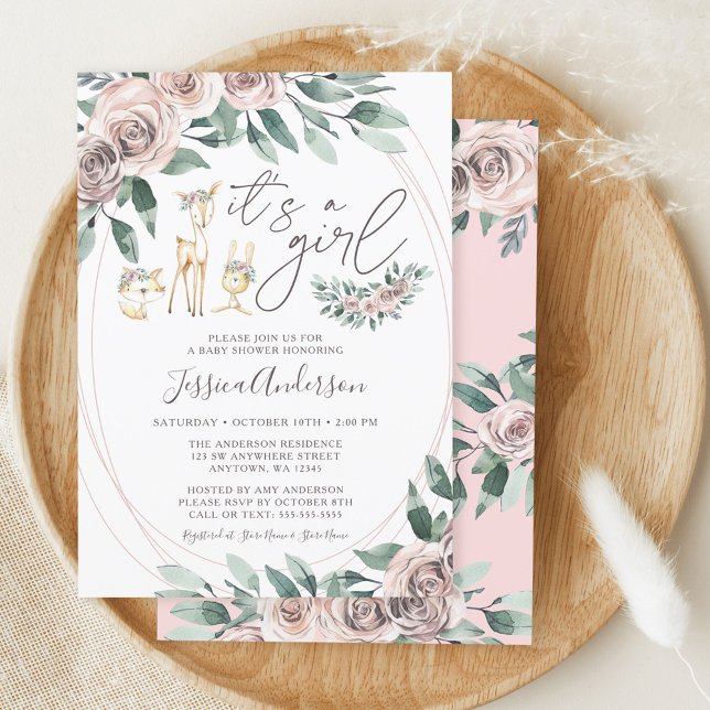 Invitation Boho Floral Woodland Animaux Fille Baby shower (Créateur téléchargé)