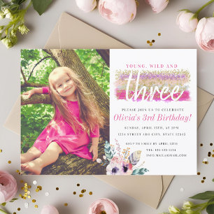 Invitation Boho Floral Young Wild and Three Birday Photo