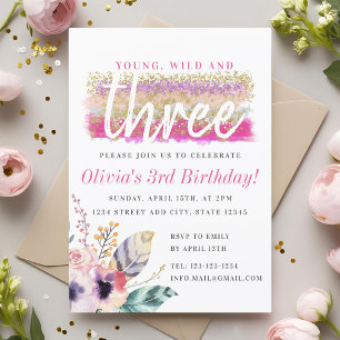 Invitation Boho Floral Young Wild and Three Girl'anniversaire