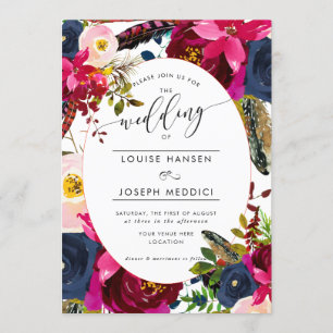 Invitation Boho Florals Burgundy Navy Mariage aquarelle