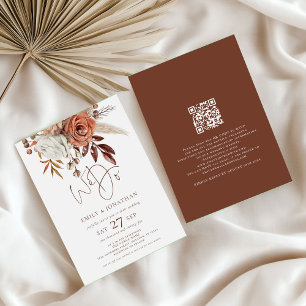 Invitation Boho Florals Crème Brown Nous faisons QR Code Mari