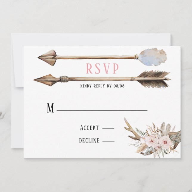 Invitation Boho Florals & Deer Antlers Flèches Mariage RSVP (Devant)