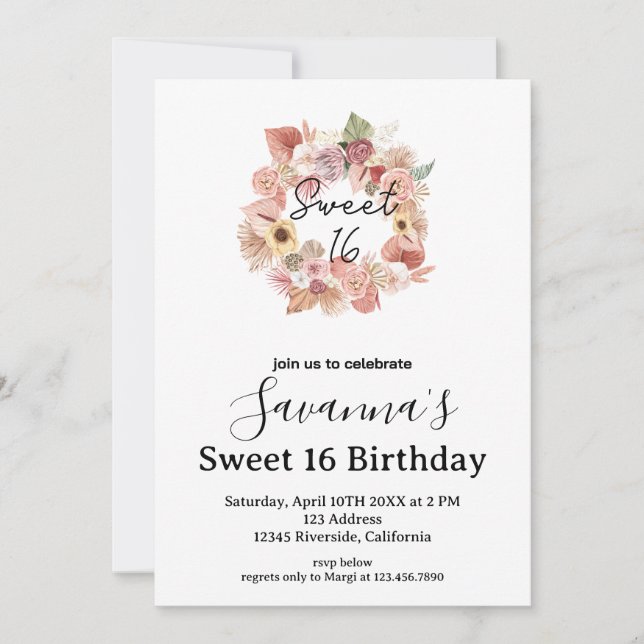 Invitation Boho Florals Personalized Sweet 16 Birthday (Devant)