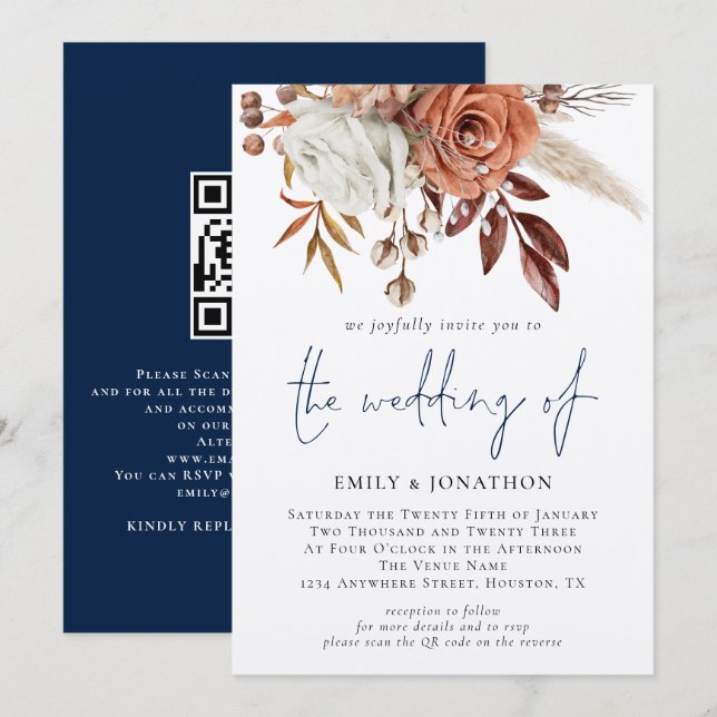 Invitation Boho Florals QR Code Marine Blue Winter Wedding (Devant / Derrière)