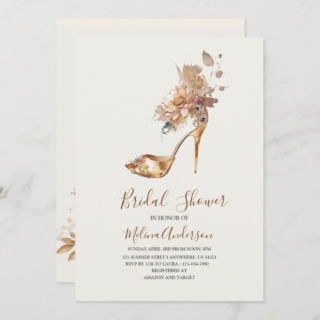 Invitation Boho Flower Golden Talon aquarelle douche nuptiale (Devant / Derrière)