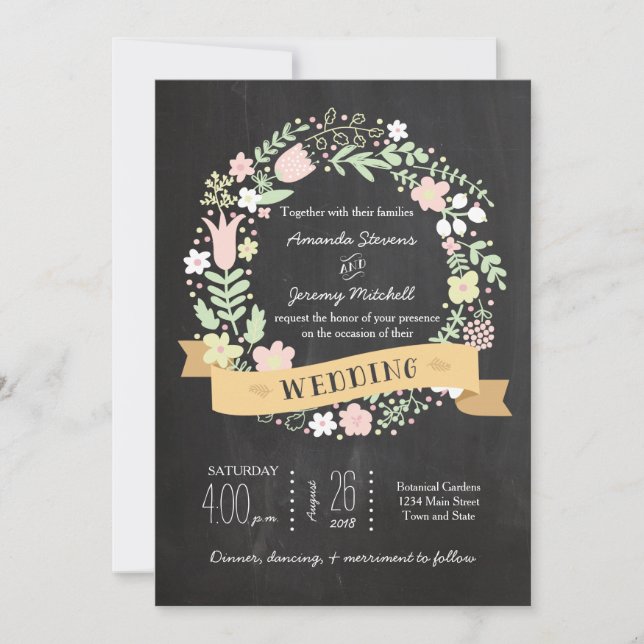 Invitation Boho Flower Wreath Russe Chalkboard Mariage (Devant)