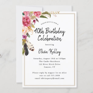 Invitation Boho Flowers and Feathers 40e anniversaire rustiqu