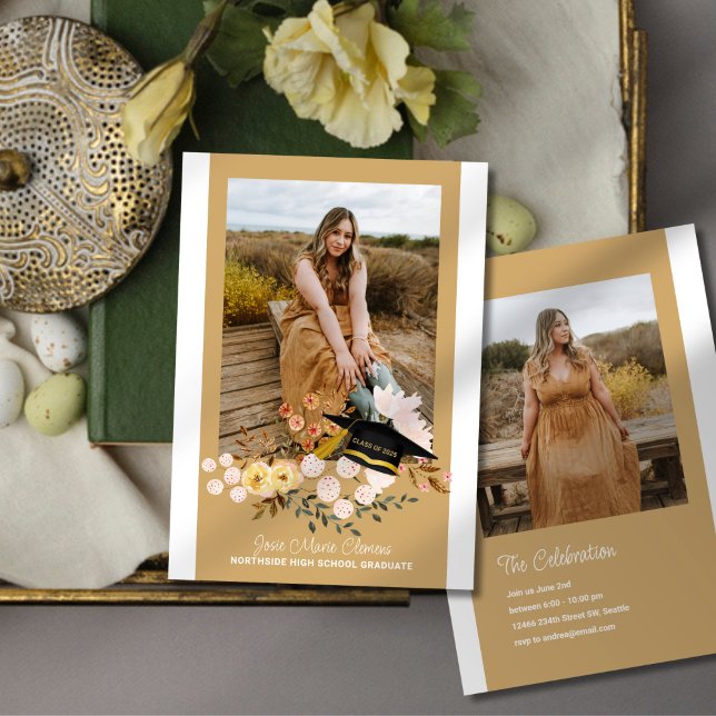 Invitation Boho Flowers & Casquette Graduation Photo Invitati (Créateur téléchargé)