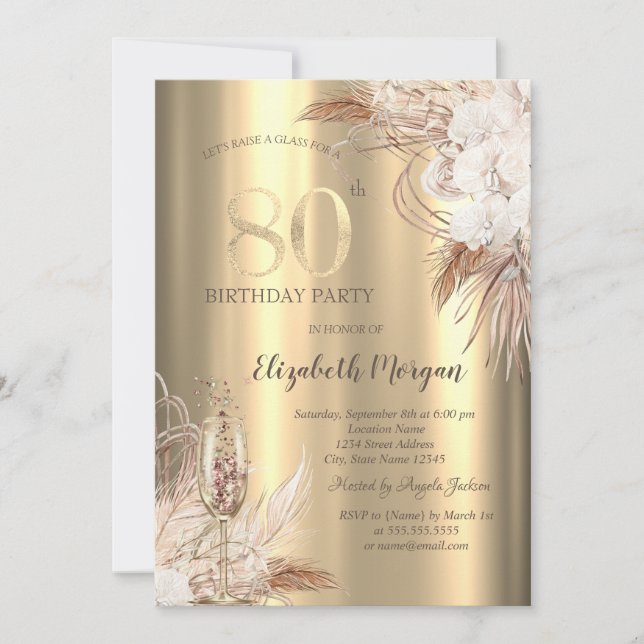 Invitation Boho Flowers,Champagne Glass Gold 80th Birthday (Devant)
